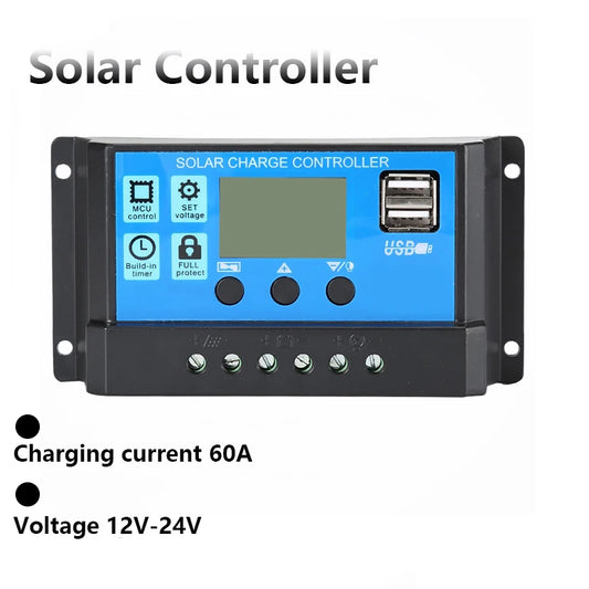 Controlador de Carga Solar 60A 12V/24V - Regulador de Voltaje para Paneles Solares Fotovoltaicos con PWM, Pantalla LCD y Doble USB