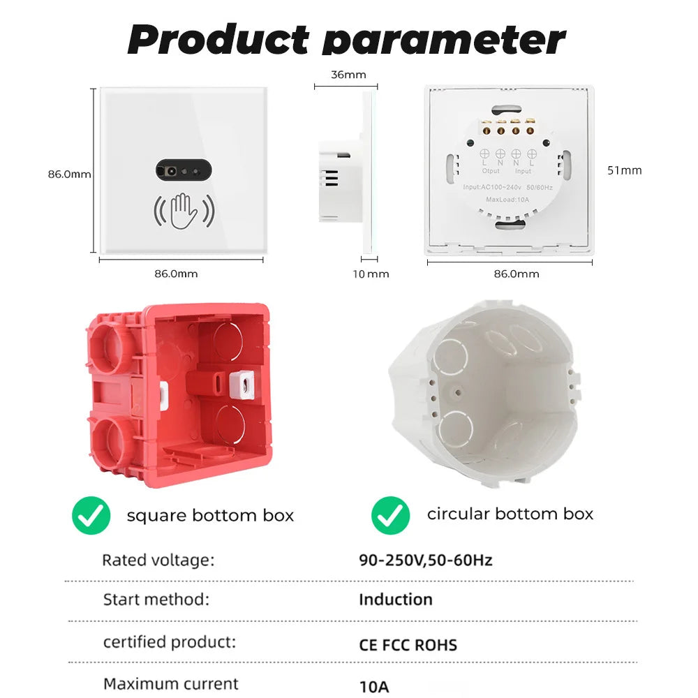 SMATRUL Interruptor de Luz Inteligente de Pared con Sensor Infrarrojo, Sin Necesidad de Tocar, 220V/110V, Panel de Vidrio, EU/UK