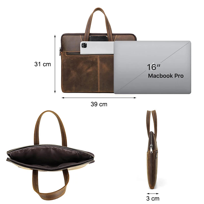 Bolsos de Mano de Cuero Crazy Horse para Hombre - Maletín de Negocios y Viaje para Laptop de 16" | Diseño Exclusivo