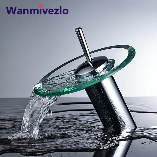 Grifo de Baño con Caída de Agua de Cristal Colorido | Grifo de Mezcla Redondo Montado en Superficie de Acero Inoxidable Cromado