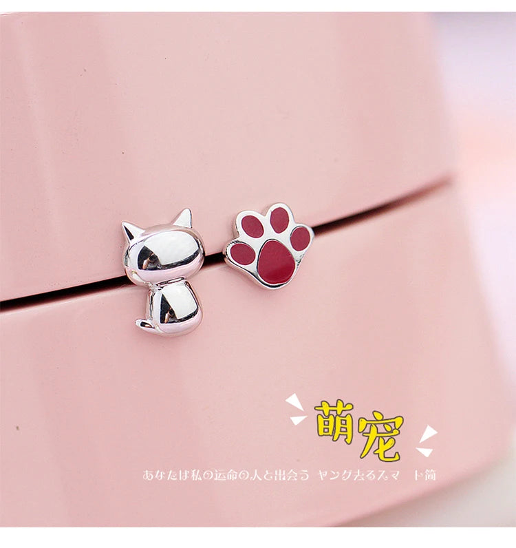 Pendientes asimétricos de Plata de Ley 925 con patas de gato para mujer, joyería de moda con personalidad