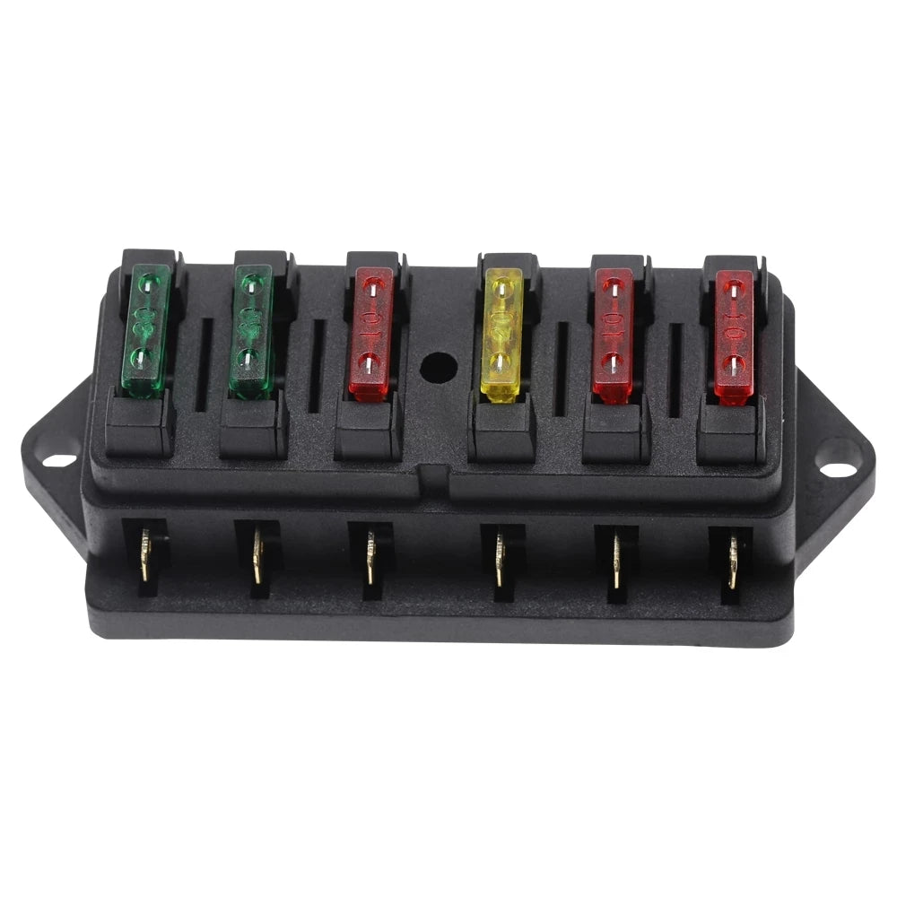 Caja de Fusibles de 6 Vías ATO - Soporte de Fusible DC 12V/24V con Cubierta Plástica y 6 Fusibles de 3A a 30A para Auto