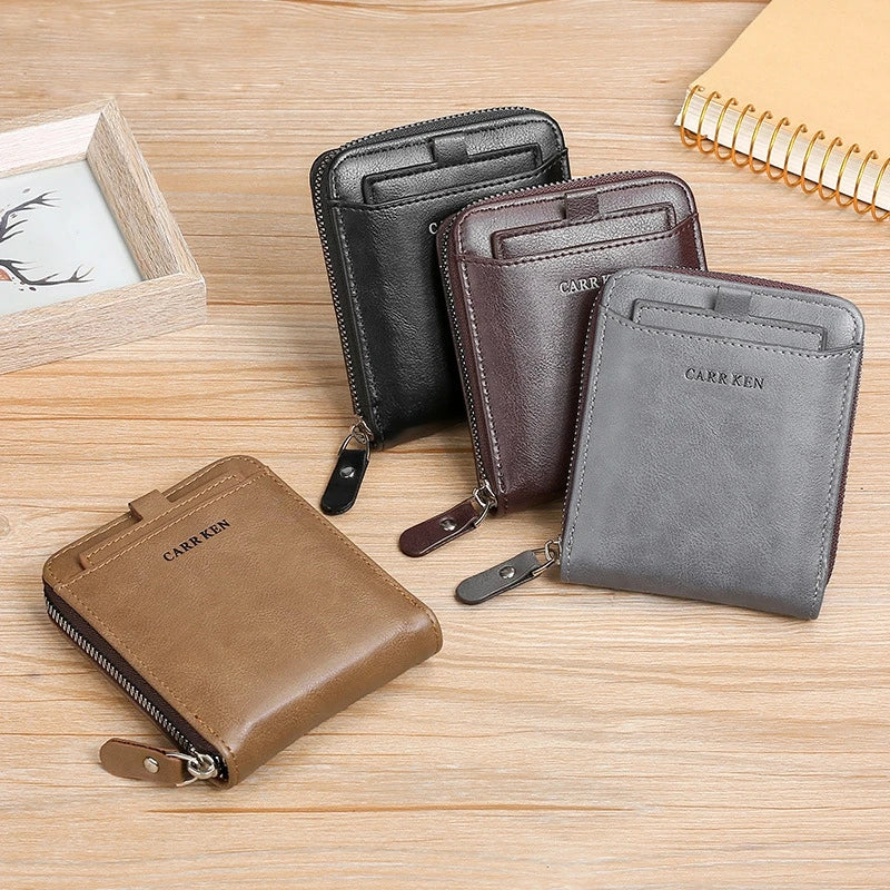 Cartera para Hombre de Piel de Cera, Monedero Compacto con Cremallera, Porta Tarjetas, Diseño Slim y Versátil
