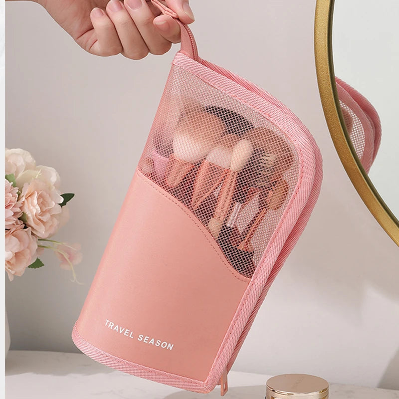 Neceser Vertical Transparente con Cremallera para Mujeres - Organizador de Maquillaje y Porta Brochas de Viaje