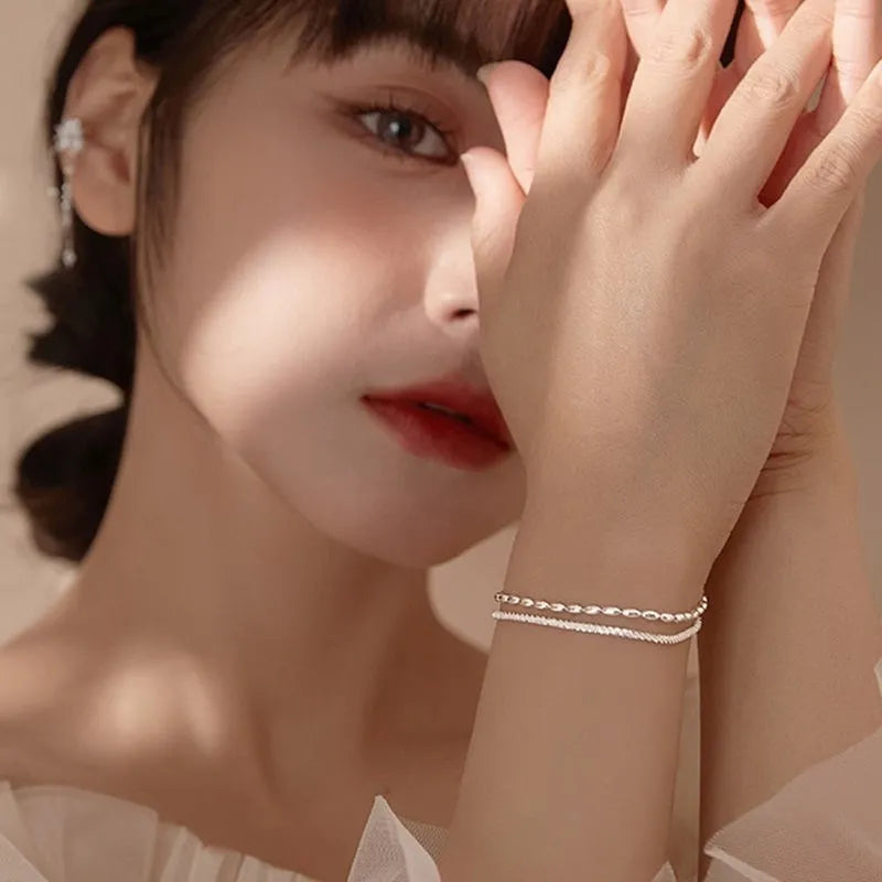 Pulsera de Plata de Ley 925 para Mujer, Brazalete de Doble Capa, Exquisito y Moderno