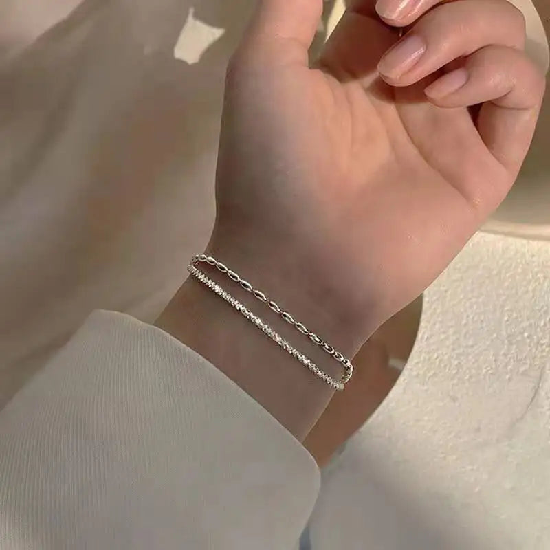 Pulsera de Plata de Ley 925 para Mujer, Brazalete de Doble Capa, Exquisito y Moderno