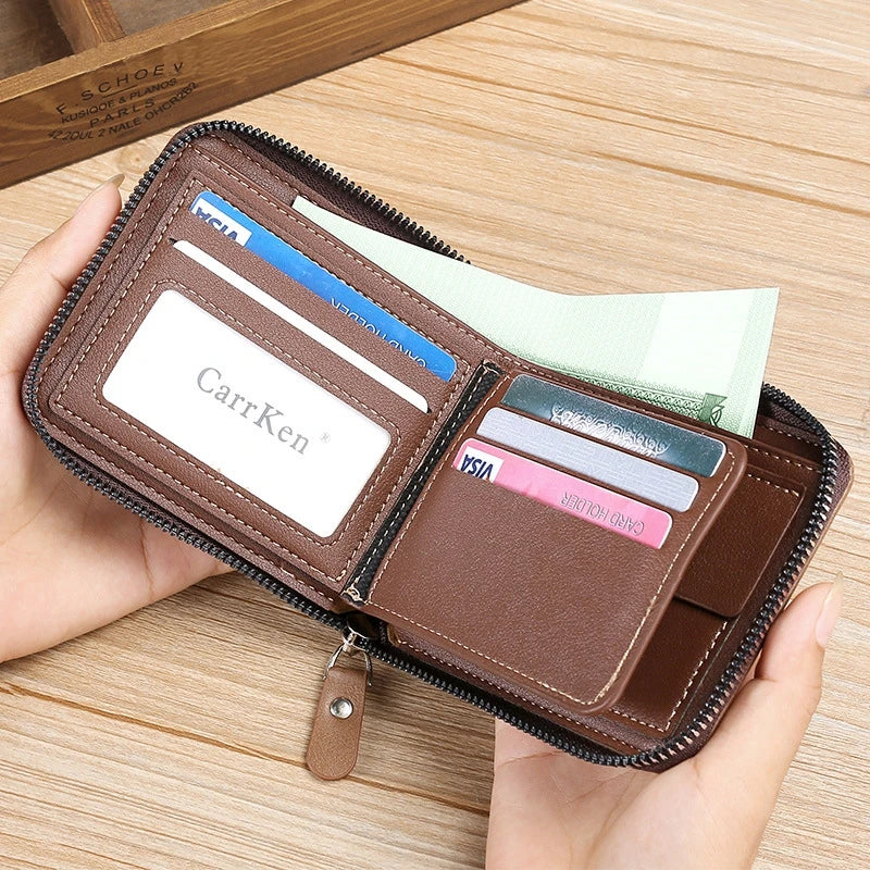 Cartera para Hombre de Piel de Cera, Monedero Compacto con Cremallera, Porta Tarjetas, Diseño Slim y Versátil