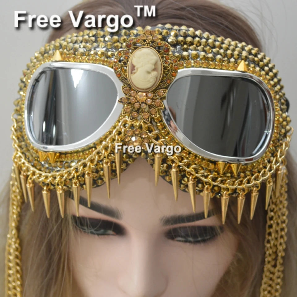 Gafas Holográficas Doradas con Diamantes de Imitación – Diseño con Cadena y Pinchos para Hombre y Mujer, Perfectas para Escenario y DJs