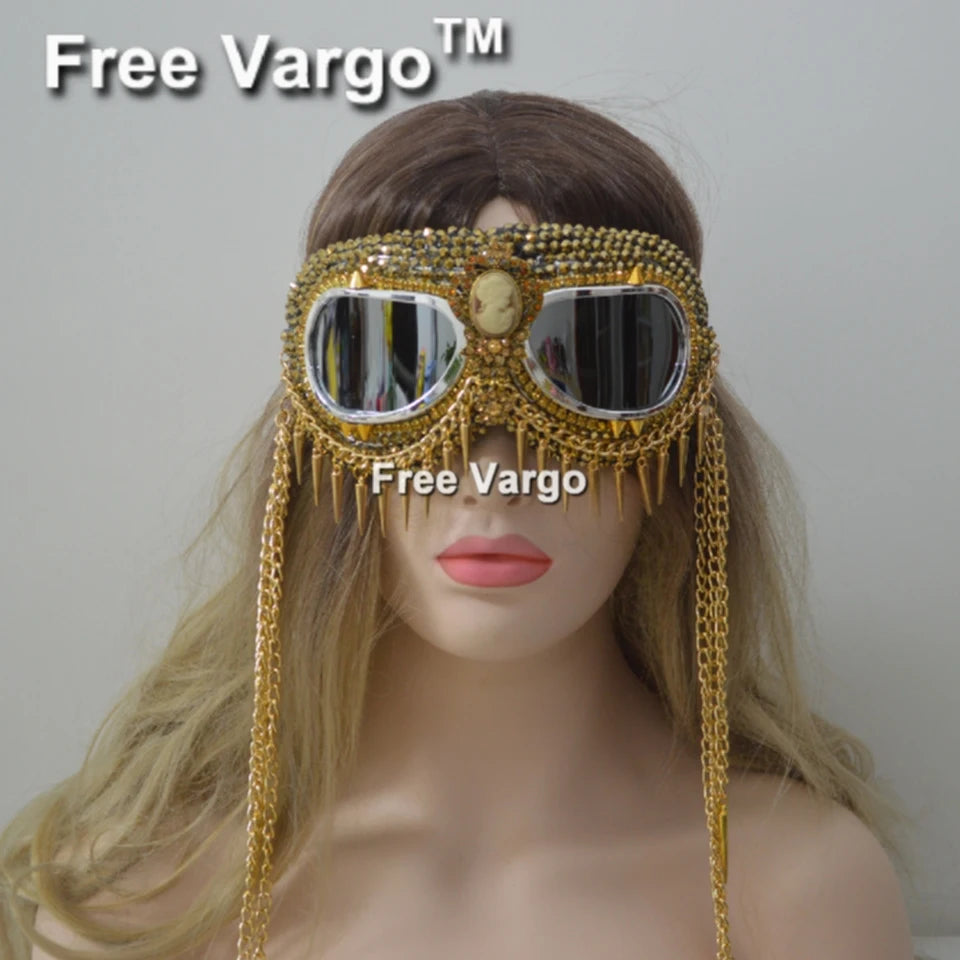 Gafas Holográficas Doradas con Diamantes de Imitación – Diseño con Cadena y Pinchos para Hombre y Mujer, Perfectas para Escenario y DJs