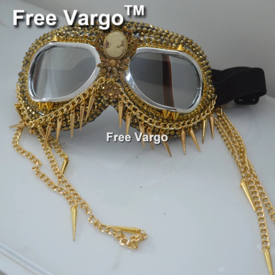 Gafas Holográficas Doradas con Diamantes de Imitación – Diseño con Cadena y Pinchos para Hombre y Mujer, Perfectas para Escenario y DJs