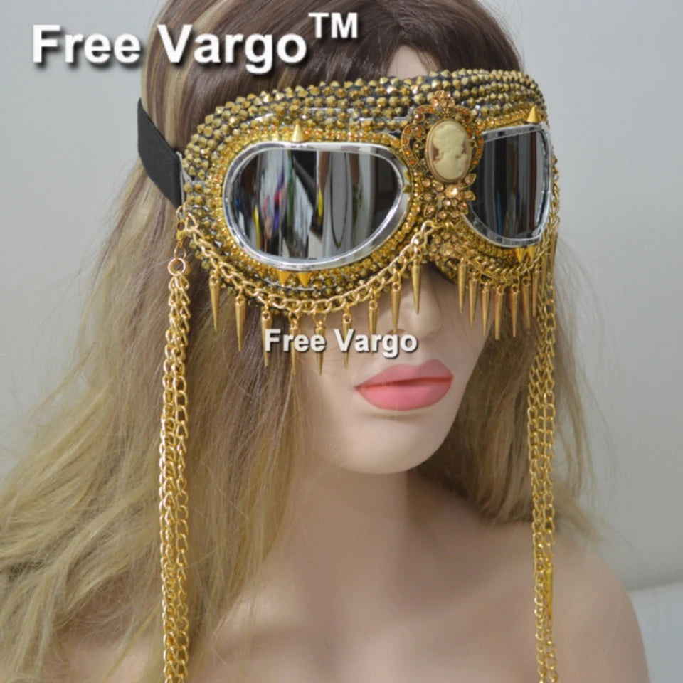 Gafas Holográficas Doradas con Diamantes de Imitación – Diseño con Cadena y Pinchos para Hombre y Mujer, Perfectas para Escenario y DJs