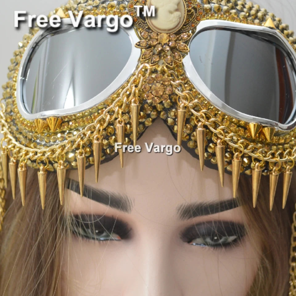Gafas Holográficas Doradas con Diamantes de Imitación – Diseño con Cadena y Pinchos para Hombre y Mujer, Perfectas para Escenario y DJs