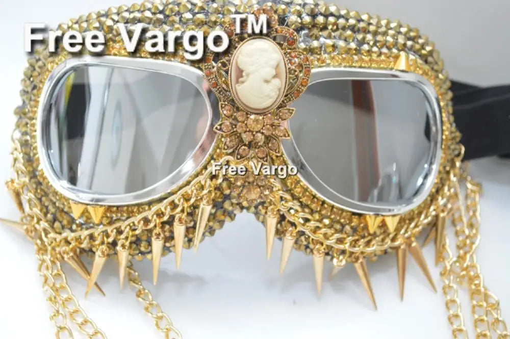 Gafas Holográficas Doradas con Diamantes de Imitación – Diseño con Cadena y Pinchos para Hombre y Mujer, Perfectas para Escenario y DJs