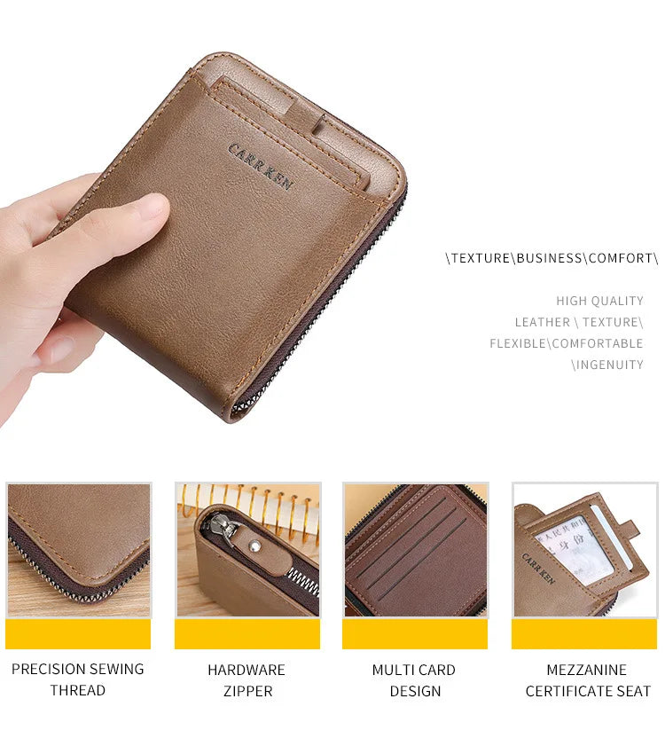 Cartera para Hombre de Piel de Cera, Monedero Compacto con Cremallera, Porta Tarjetas, Diseño Slim y Versátil