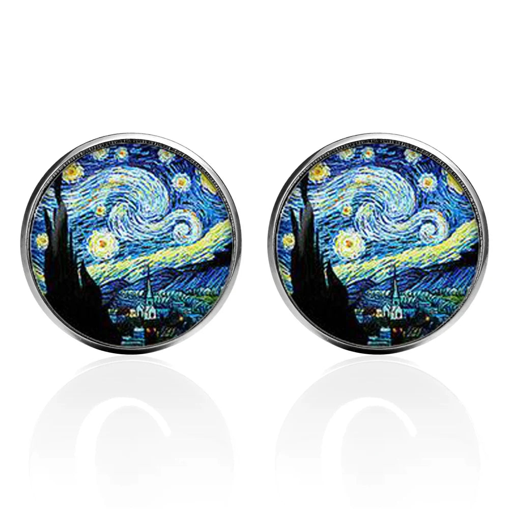 Gemelos de Arte Clásico de Van Gogh para Hombres – Cielo Estrellado en Vidrio y Broche en Bronce, Joyería de Alta Calidad