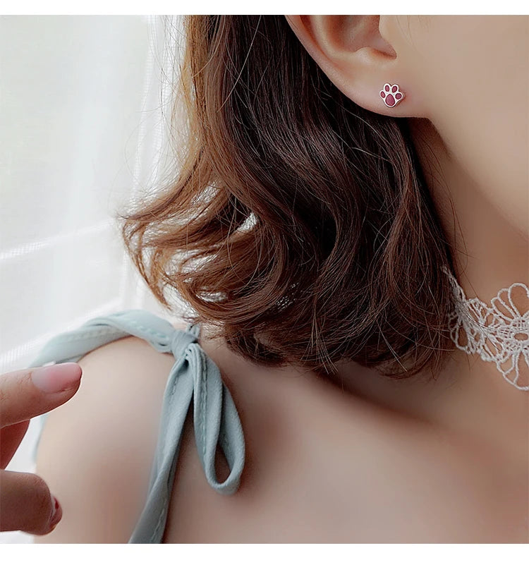 Pendientes asimétricos de Plata de Ley 925 con patas de gato para mujer, joyería de moda con personalidad