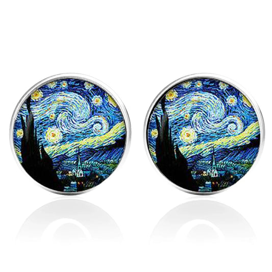 Gemelos de Arte Clásico de Van Gogh para Hombres – Cielo Estrellado en Vidrio y Broche en Bronce, Joyería de Alta Calidad