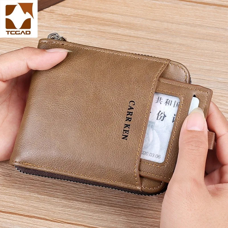 Cartera para Hombre de Piel de Cera, Monedero Compacto con Cremallera, Porta Tarjetas, Diseño Slim y Versátil