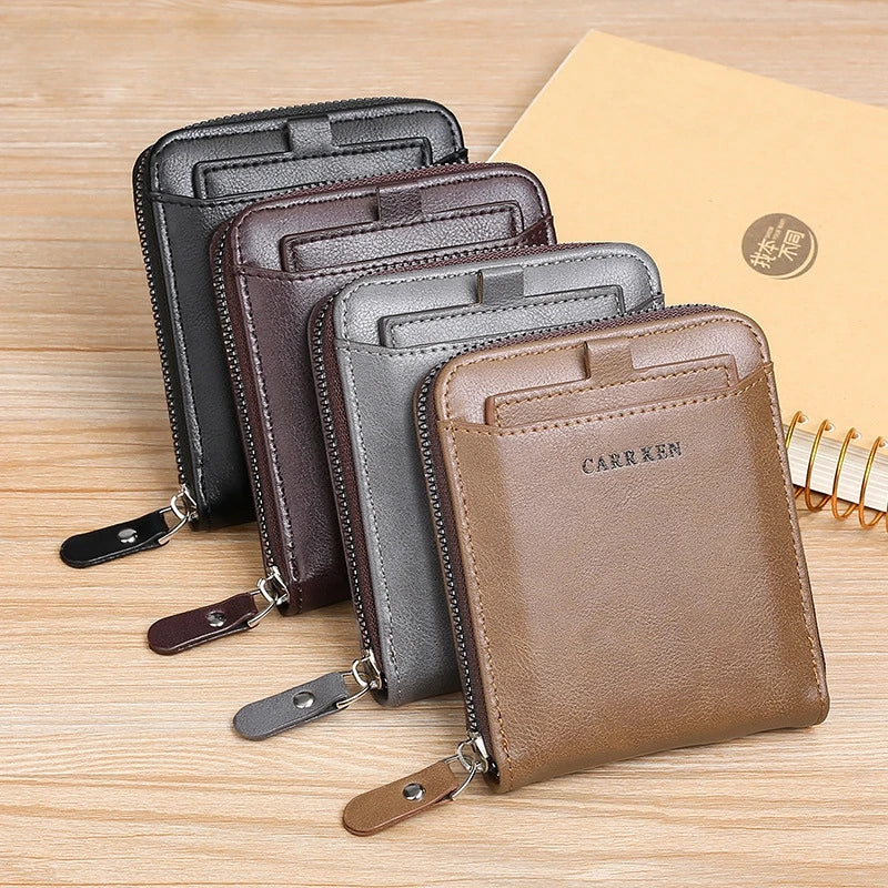Cartera para Hombre de Piel de Cera, Monedero Compacto con Cremallera, Porta Tarjetas, Diseño Slim y Versátil