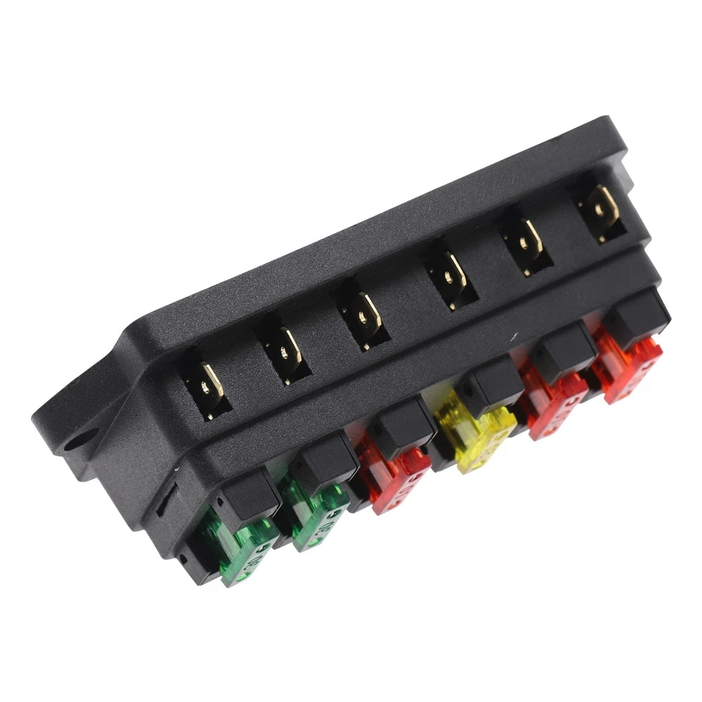 Caja de Fusibles de 6 Vías ATO - Soporte de Fusible DC 12V/24V con Cubierta Plástica y 6 Fusibles de 3A a 30A para Auto