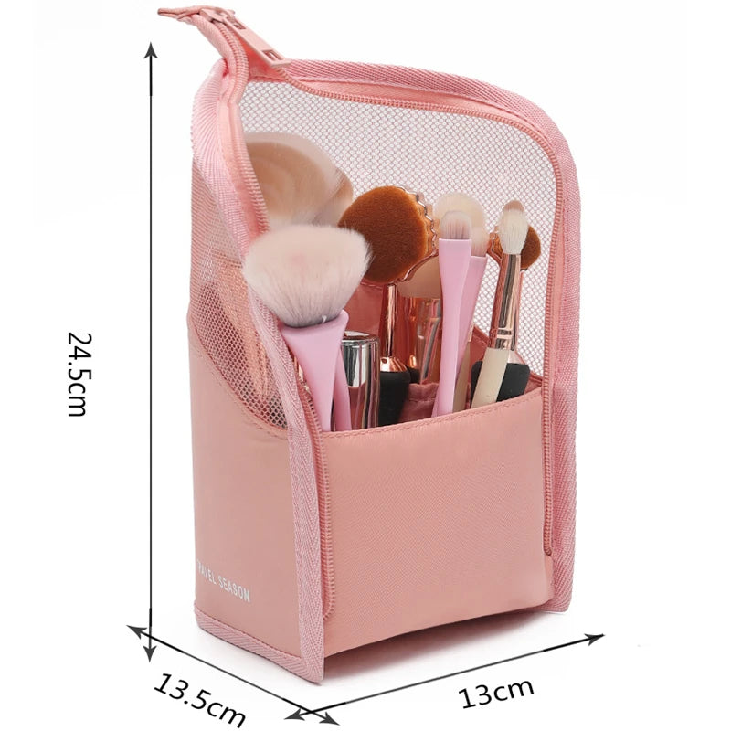 Neceser Vertical Transparente con Cremallera para Mujeres - Organizador de Maquillaje y Porta Brochas de Viaje