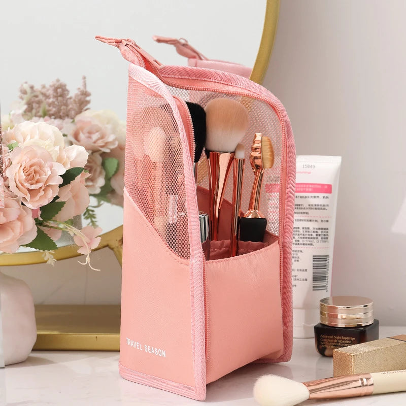 Neceser Vertical Transparente con Cremallera para Mujeres - Organizador de Maquillaje y Porta Brochas de Viaje