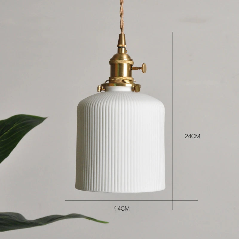 Lámpara Colgante LED de Cerámica Blanca Nórdica con Interruptor de Perilla para Dormitorio, Comedor y Sala de Estar | Lámpara Colgante Moderna de Cobre