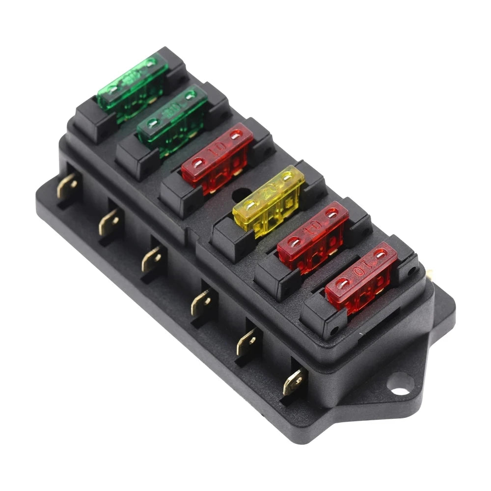 Caja de Fusibles de 6 Vías ATO - Soporte de Fusible DC 12V/24V con Cubierta Plástica y 6 Fusibles de 3A a 30A para Auto