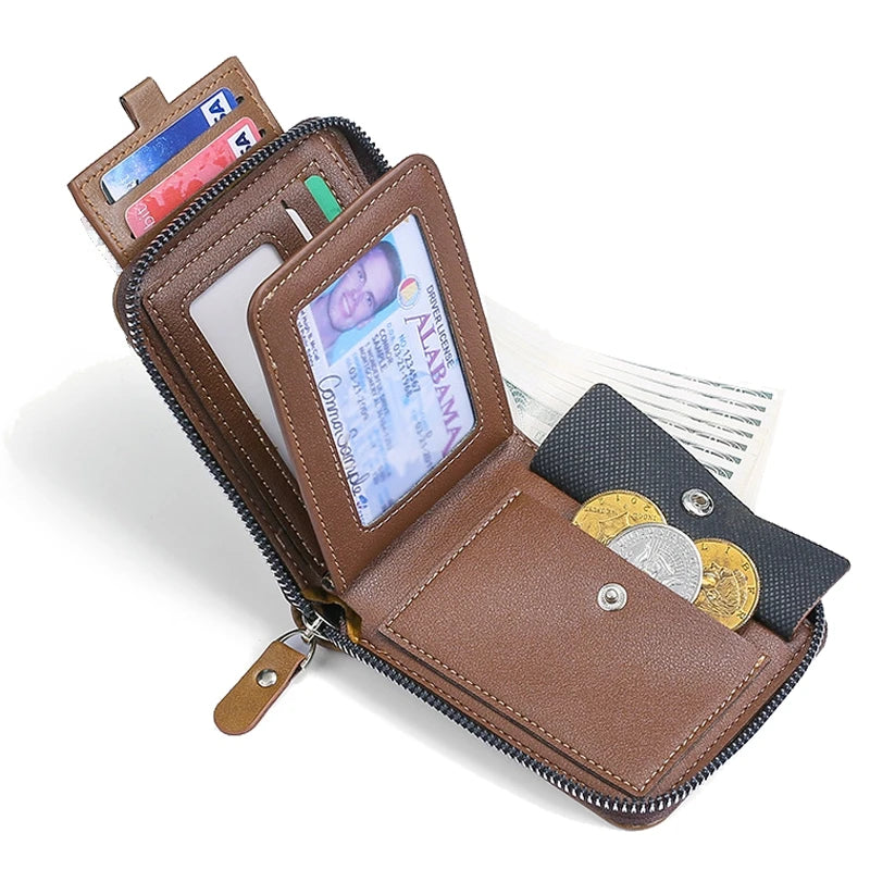 Cartera para Hombre de Piel de Cera, Monedero Compacto con Cremallera, Porta Tarjetas, Diseño Slim y Versátil