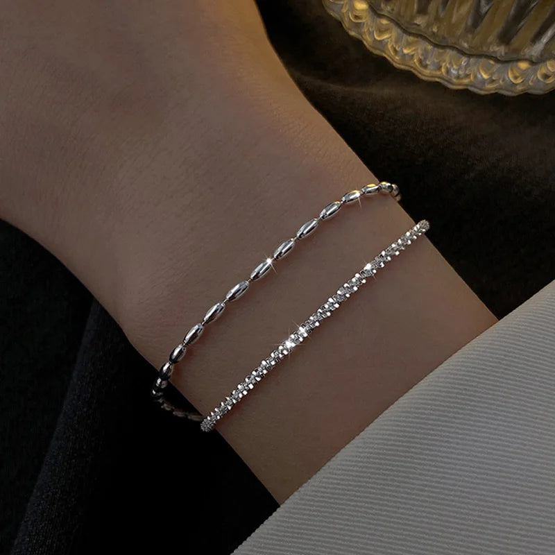 Pulsera de Plata de Ley 925 para Mujer, Brazalete de Doble Capa, Exquisito y Moderno