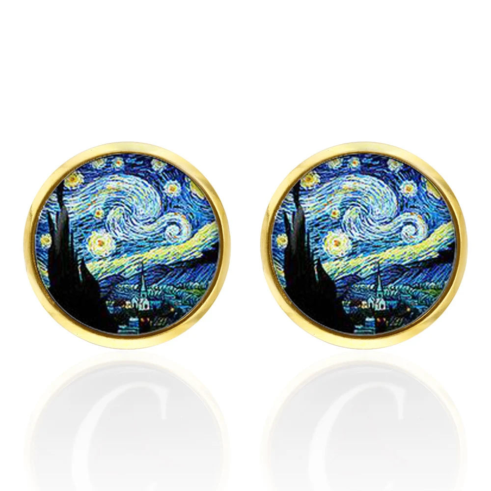 Gemelos de Arte Clásico de Van Gogh para Hombres – Cielo Estrellado en Vidrio y Broche en Bronce, Joyería de Alta Calidad