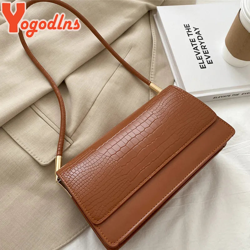 Yogodlns Invierno Bolso de Hombro con Patrón de Cocodrilo: Elegante Bolso Vintage con Solapa