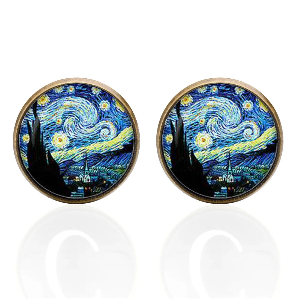 Gemelos de Arte Clásico de Van Gogh para Hombres – Cielo Estrellado en Vidrio y Broche en Bronce, Joyería de Alta Calidad