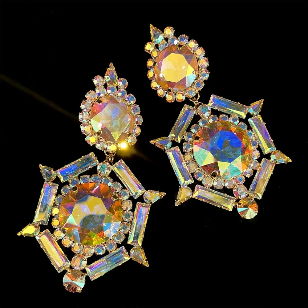 Pendientes de Clip de Oreja de Diamantes de Imitación AB para Mujer, Accesorios Geométricos de Gran Tamaño, Pendientes de Cristal, Regalo de Joyería de Fiesta