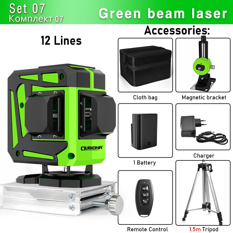 Clubiona Nivel Láser 16/12 Líneas Verde Autonivelante 360° Horizontal y Vertical, Rayo Verde Súper Potente, Herramienta de Nivelación con Modo de Pulso