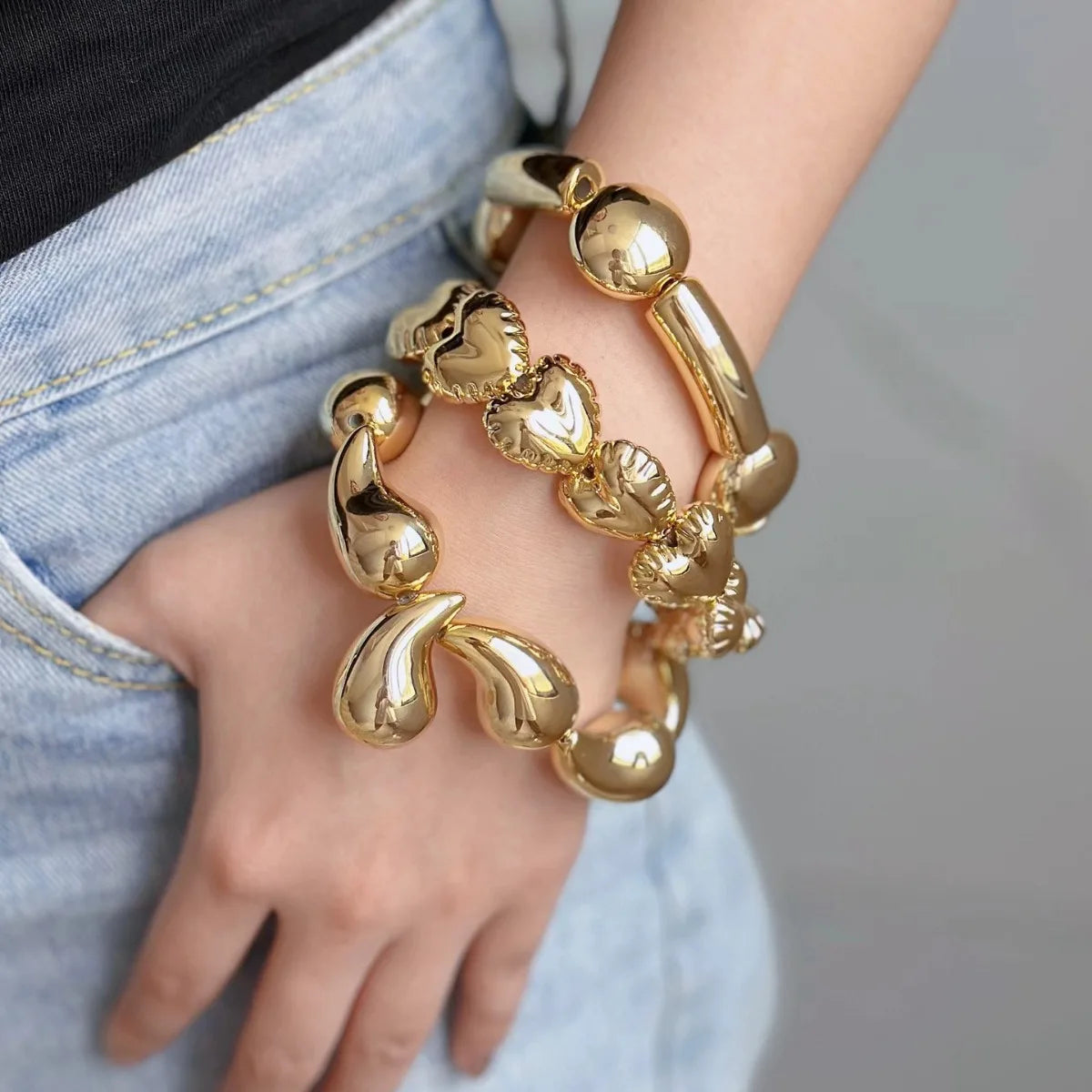 Pulseras Elásticas con Forma de Corazón - Brazaletes de Metal Estilo Hip-Hop y Punk