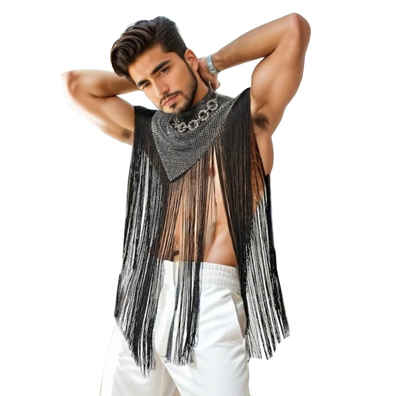 Camisetas sin Mangas Irregulares para Hombre, Chalecos de Moda con Cuello Alto de Retazos y Borlas, Ropa de Calle Sexy y Ponchos de Capa