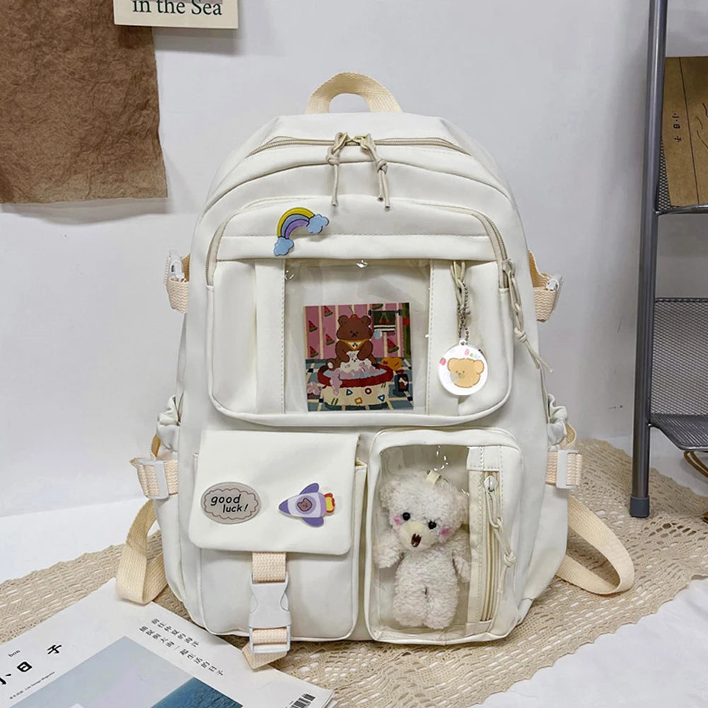 2023 Fashion Japanese Nylon Bookbags with Plush Pendant Summer New Student Kawaii Backpack Large Capacity Woman College Rucksack