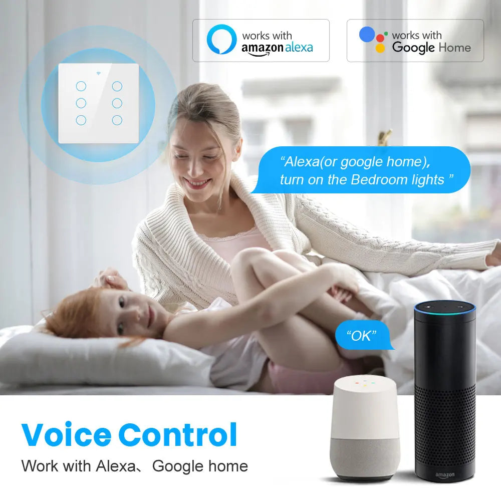 Interruptor Táctil Inteligente Wifi Tuya para Luces en Brasil, 4*4 sin Cable Neutro, 4/6 Gang, Control Remoto RF433, Smart Life, Compatible con Alexa y Google Home