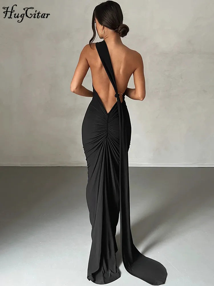 Vestido Maxi de Un Hombro y Espalda Descubierta – Ajustable con Bufanda y Detalle Ruchado – Elegante y Sexy, Moda