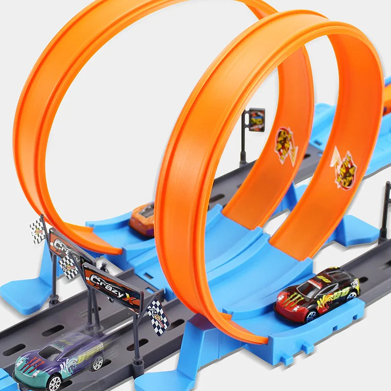 Pista de Carreras de Doble Pista con Rieles para Autos de Alta Velocidad – Set DIY para Niños | Juguete Interactivo de Coches de Inercia