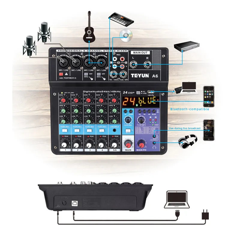 Controlador de Mezcla de DJ TEYUN Sound 6 Vías - Equipo Profesional de Mezcla de Audio, Consola Portátil para Electrónica de Consumo en Video