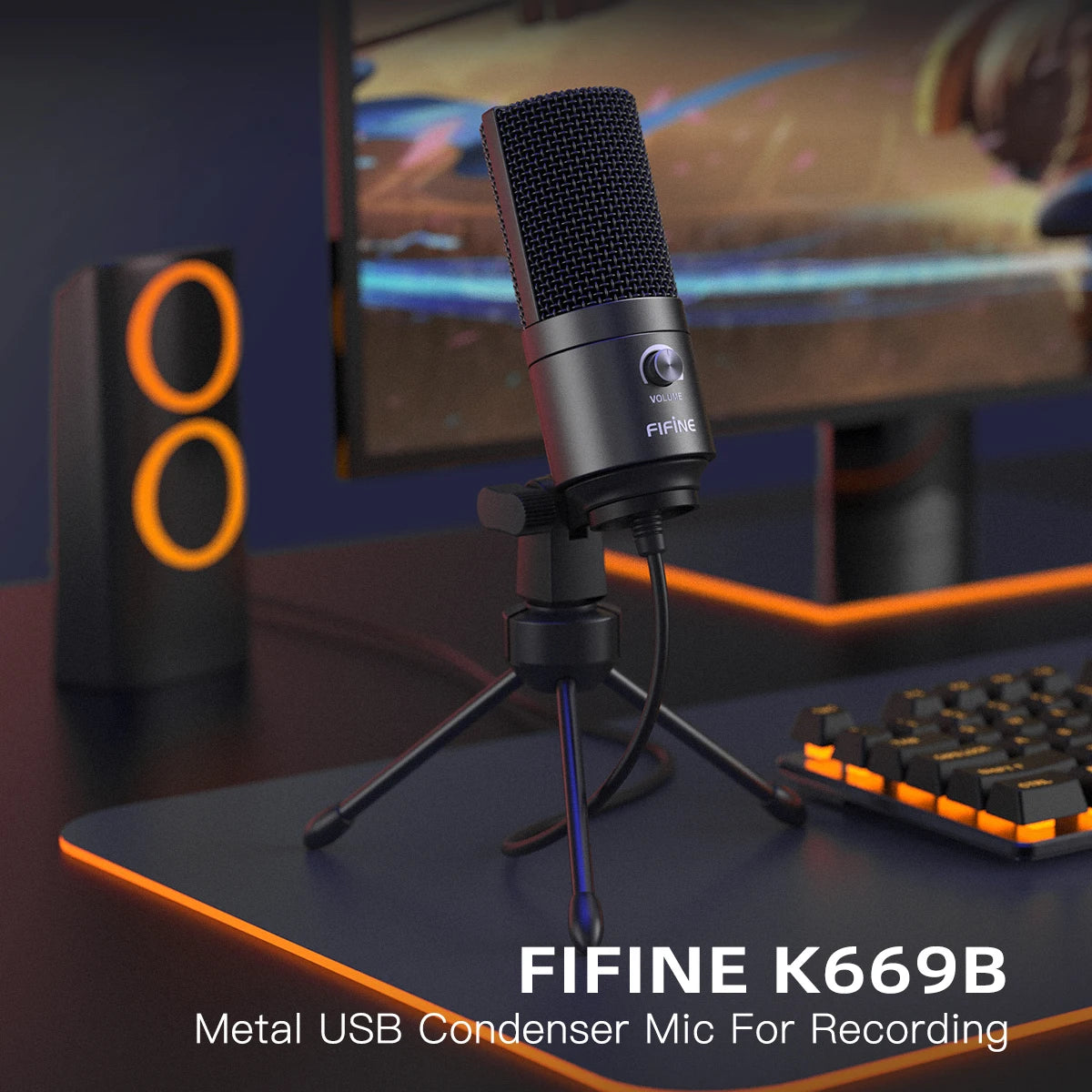 Micrófono de Condensador USB FIFINE K669B con Control de Ganancia | Micrófono de Metal para Estudio en Casa, Podcasting y Grabación de Voz en Laptop y Windows