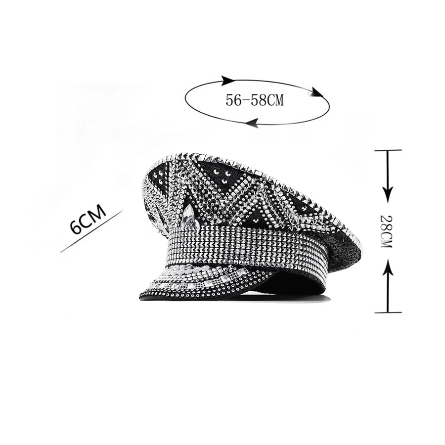 Sombrero Militar de Lujo para Mujer Decorado con Rhinestones | Gorra de Capitán para Bodas, Fiestas de Cumpleaños y Festivales - Estilo Casual