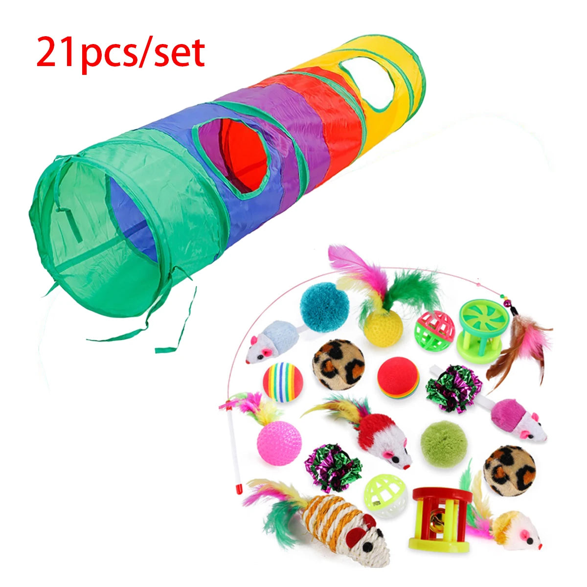 Sonajero para Gatos y Túnel de Papel Arrugado, Juguetes para Gatos Pequeños, Túnel Plegable de Poliester y Algodón, Tienda y Juguetes para Gatos, 21 Piezas