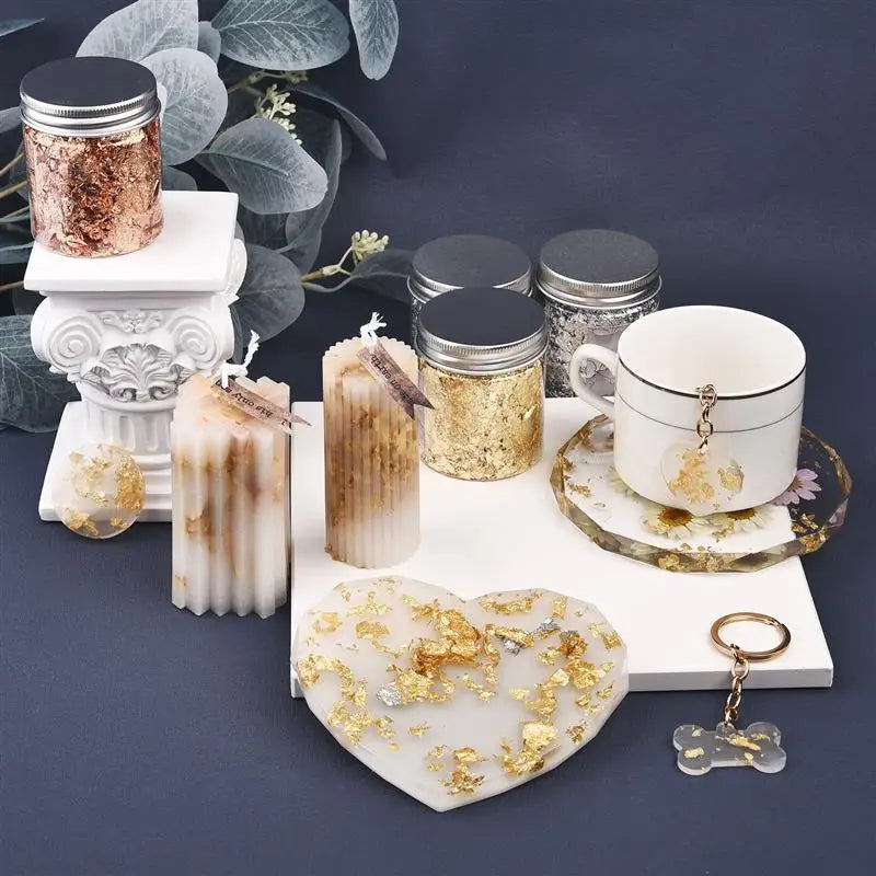 3/5g de Papeles de Foil en Oro, Plata y Bronce - Copos de Aluminio Irregulares para Decoración, Resina Epóxica y Fabricación de Velas