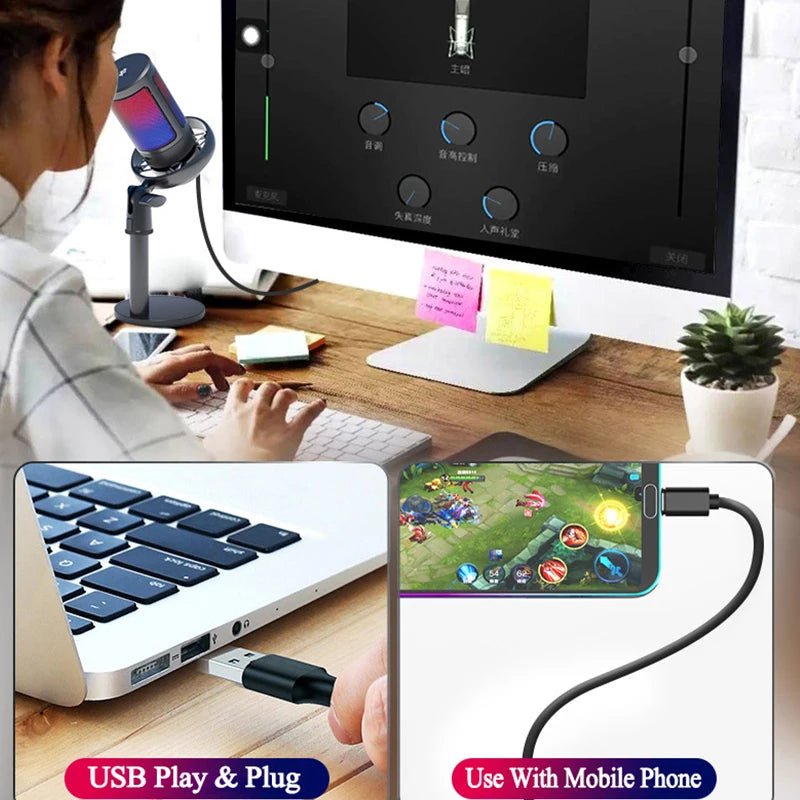 Micrófono USB Condensador Profesional con Luz RGB | Ideal para Grabación y Streaming | Compatible con PC y Laptop