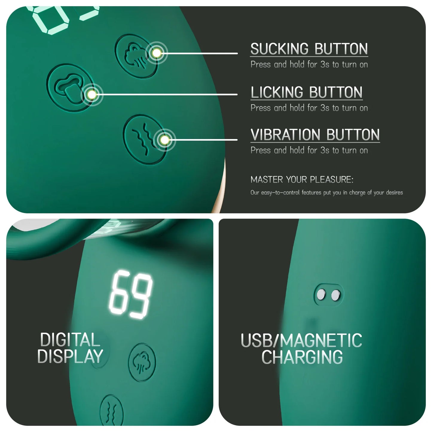 Vibrador 3 en 1 con Succión, Licking y Empuje para Mujeres – Estimulador de Punto G, Clítoris y Pezones