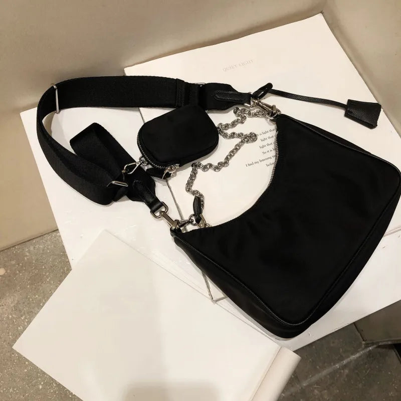 Bolso informal de nailon impermeable para mujer, bandolera pequeña con cadena negra, a la moda