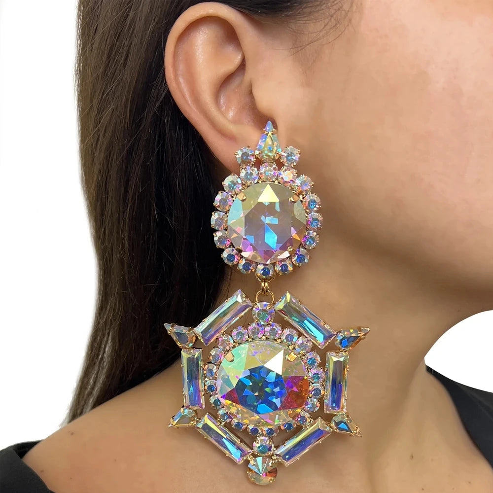 Pendientes de Clip de Oreja de Diamantes de Imitación AB para Mujer, Accesorios Geométricos de Gran Tamaño, Pendientes de Cristal, Regalo de Joyería de Fiesta